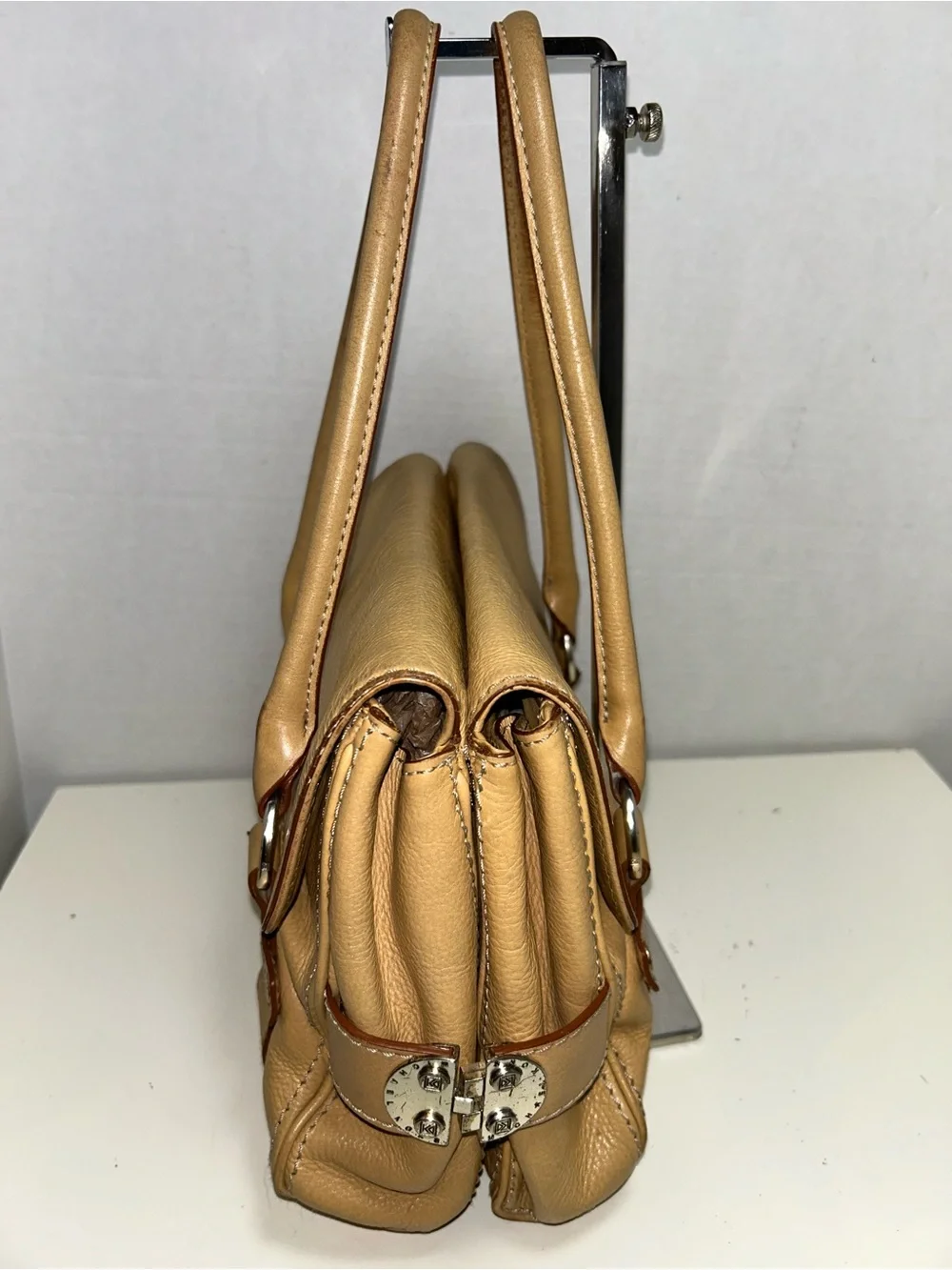 Michael Kors Y2K Tan Pebbled Leather Double Flap Three Section Satchel